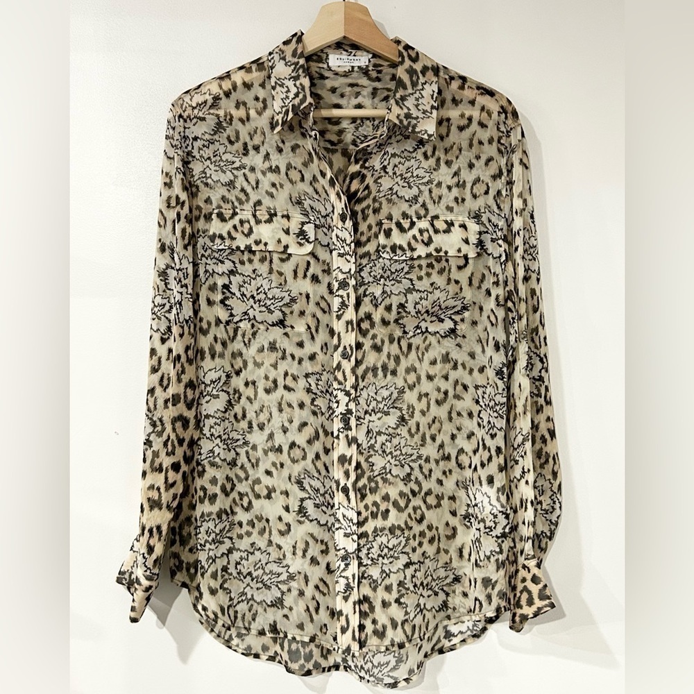 Equipment Slim Signature Silk Leopard Floral‎ Print Shirt Tan Brown S